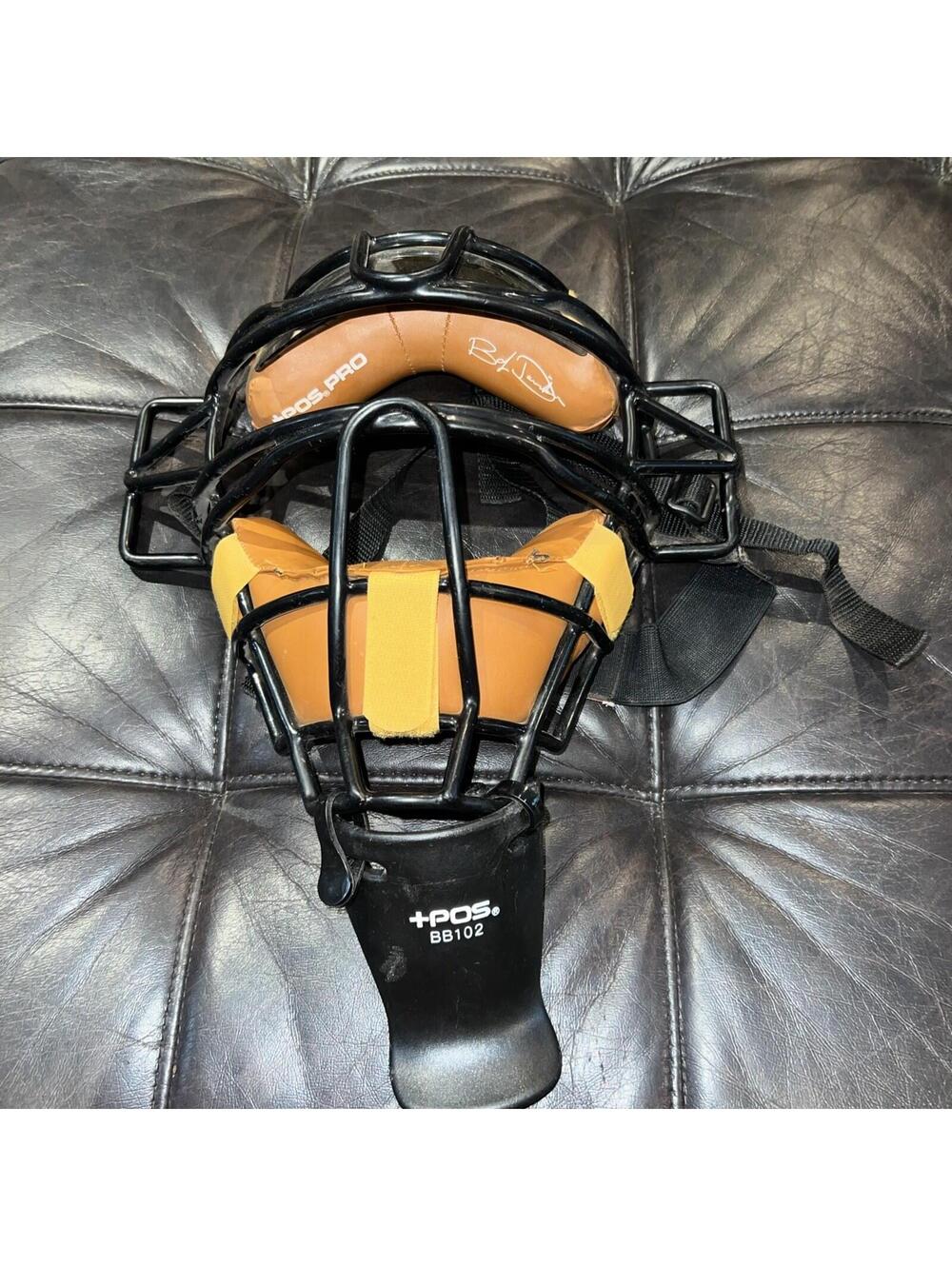 +POS Umpire Mask Adult Black Steel Cage Brown Leather Pads Baseball Softball